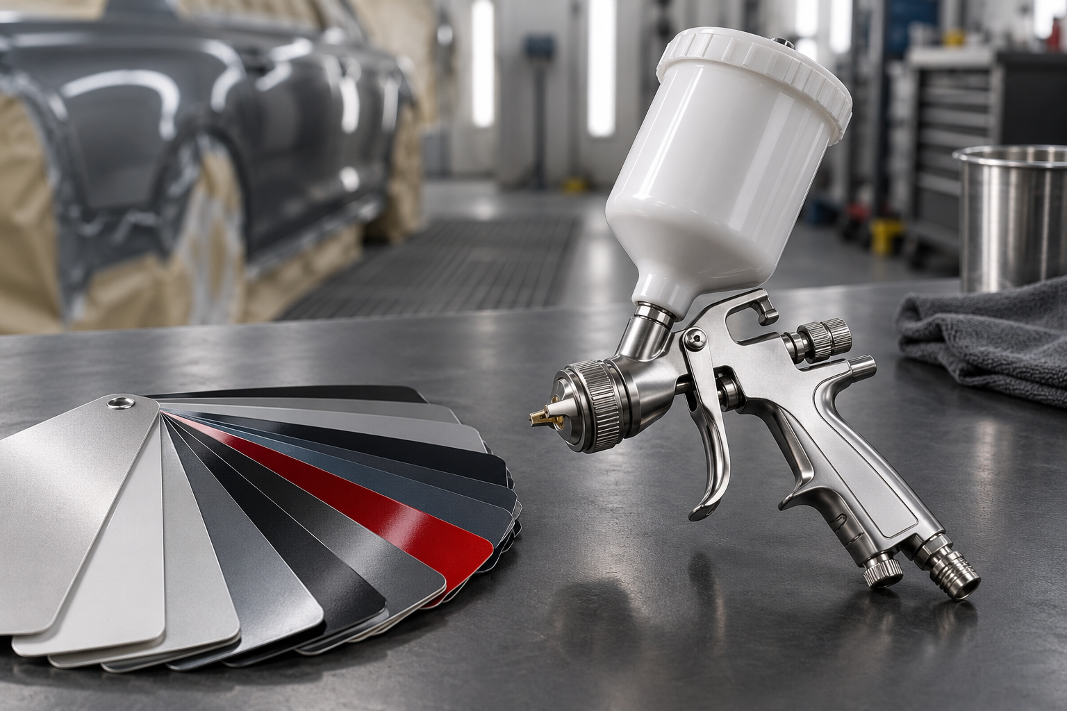 Aerografo professionale e campioni colore per verniciatura automotive, senza marchi